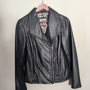 Calvin Klein Women's Black Genuine Lambskin Leather Jacket Small Leopard Lining